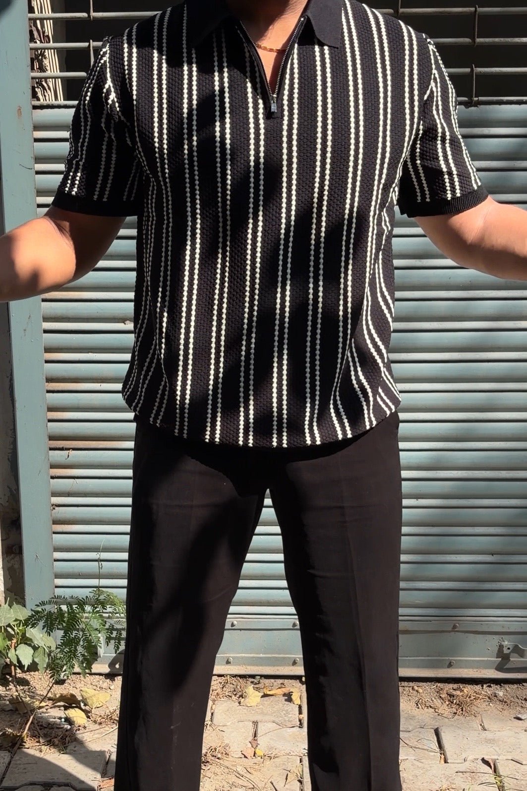 Monaco Striped Old Money Knitted Polo Tshirt - Black - Under Attack