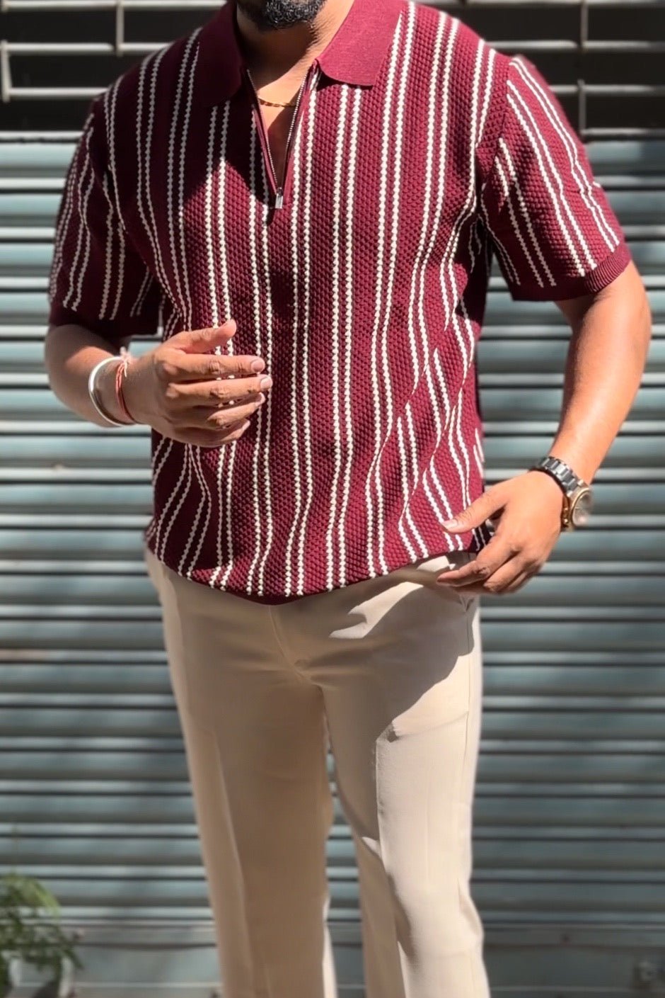 Monaco Striped Old Money Knitted Polo Tshirt - Red - Under Attack