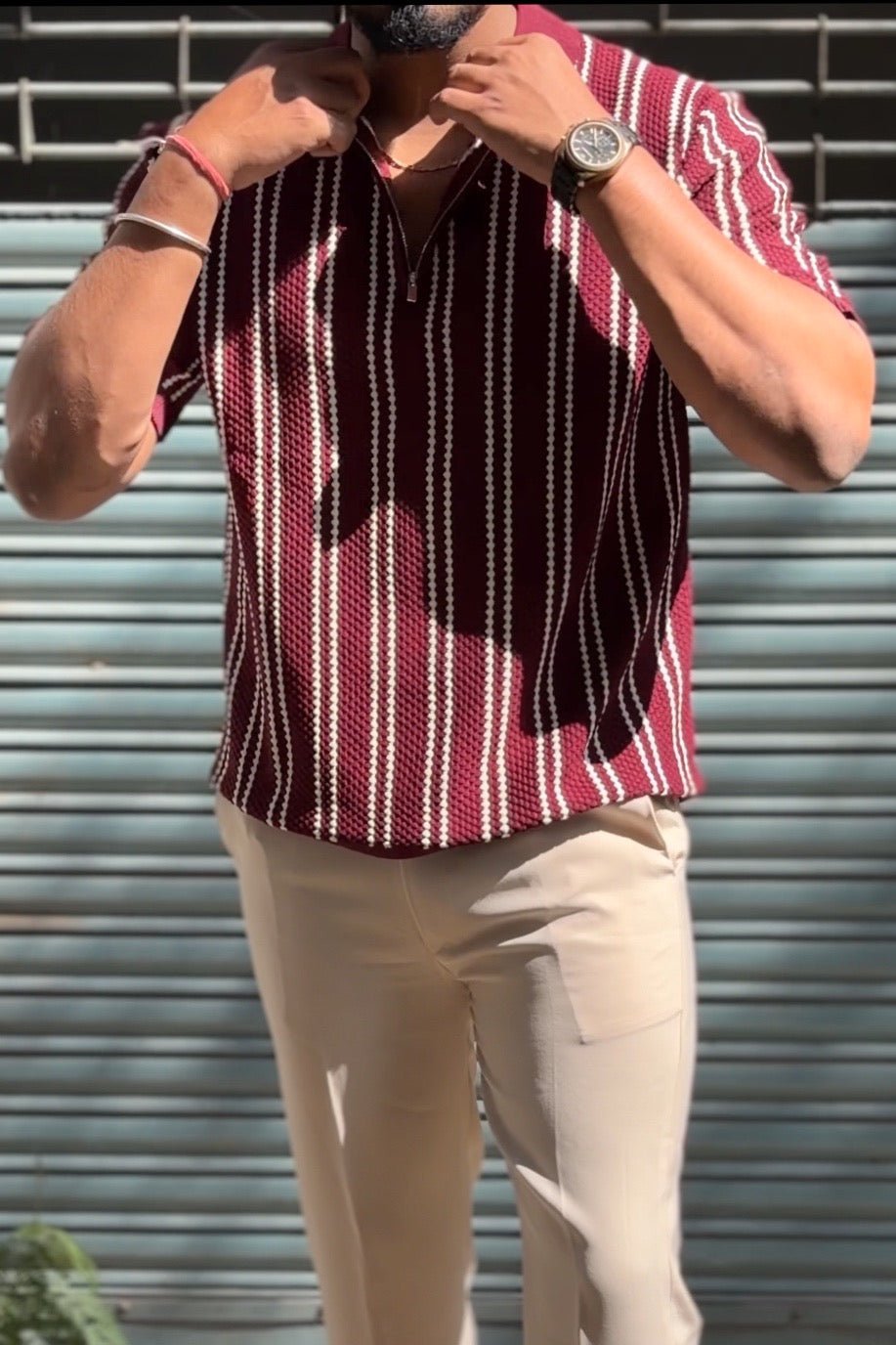 Monaco Striped Old Money Knitted Polo Tshirt - Red - Under Attack