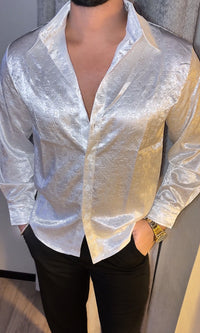 Nightstand Luxe Embossed Ice Silk Lycra Shirt - Ivory