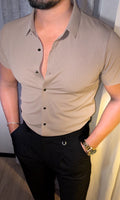 Noble Textured Jacquard Half Sleeves Shirt - BROWN - Under Attack