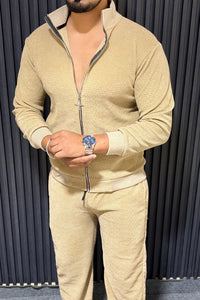 Oversized Solid Jacquard Tracksuit - Biscuit Cream