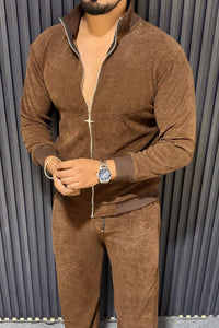 Oversized Solid Jacquard Tracksuit - Brown