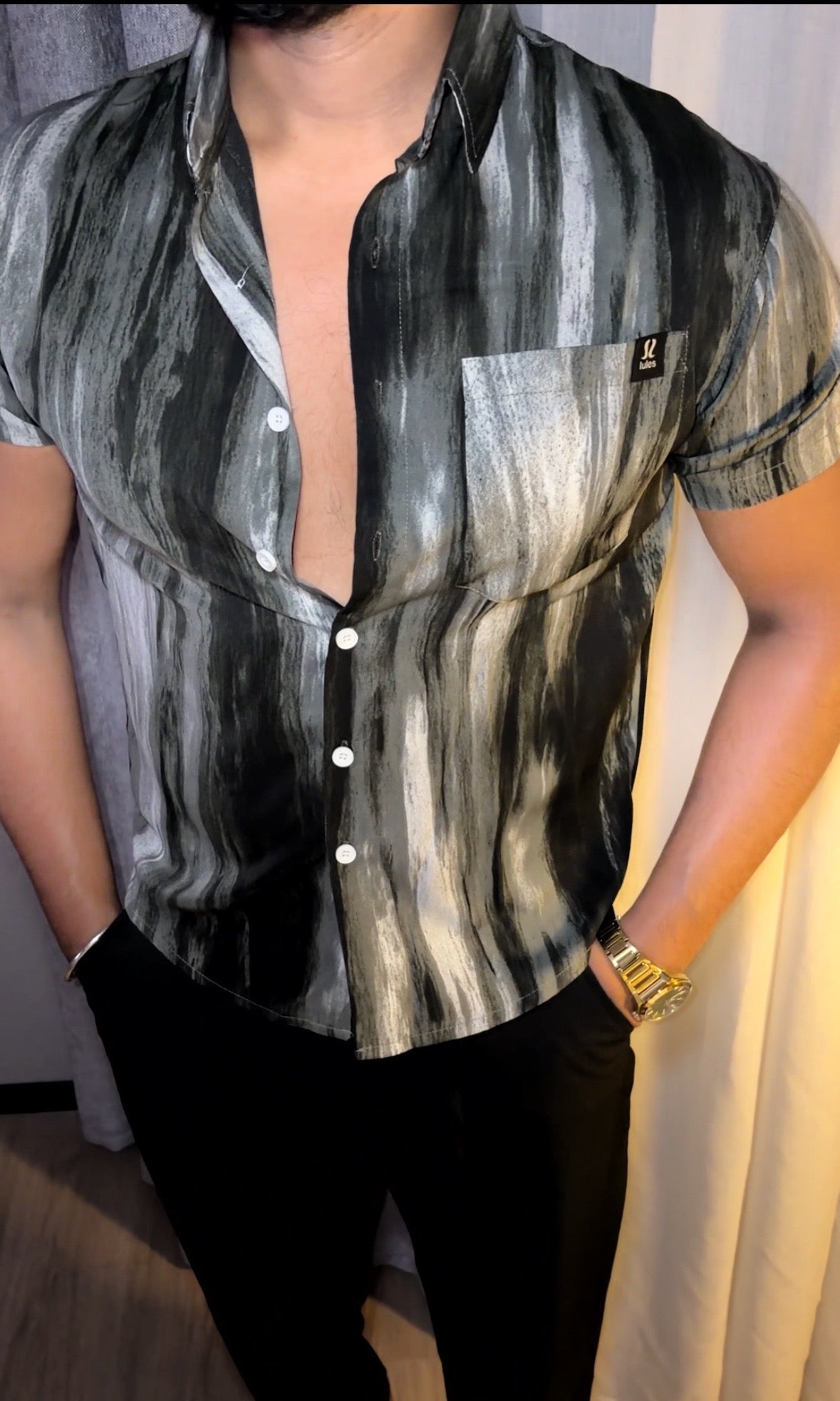 Painted Abstract Print Jacquard Half Sleeves Shirt - Grey - Under Attack