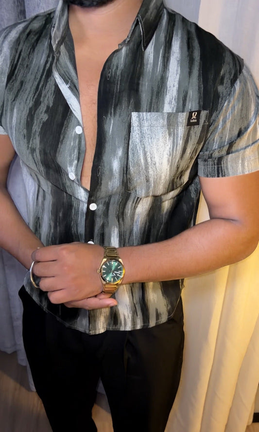 Painted Abstract Print Jacquard Half Sleeves Shirt - OLIVE - Under Attack