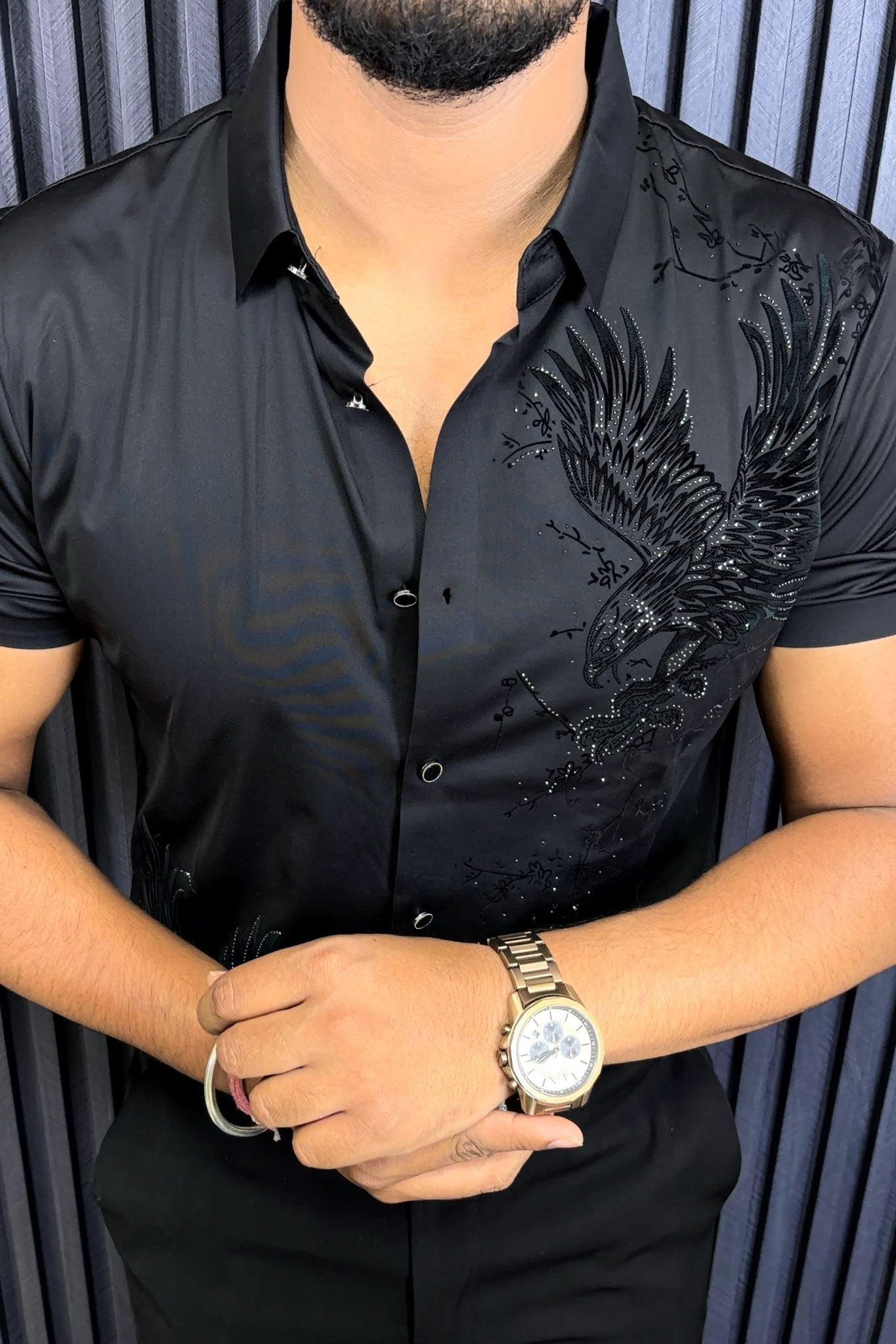Phoenix Jacquard Half Sleeves Shirt - BLACK - Under Attack