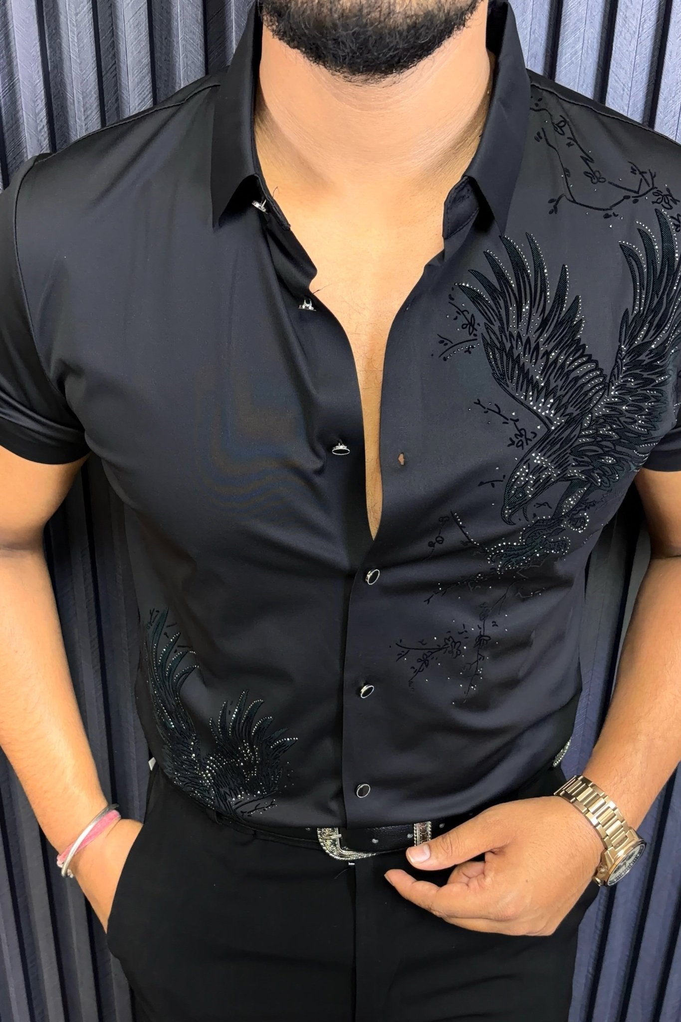 Phoenix Jacquard Half Sleeves Shirt - BLACK - Under Attack