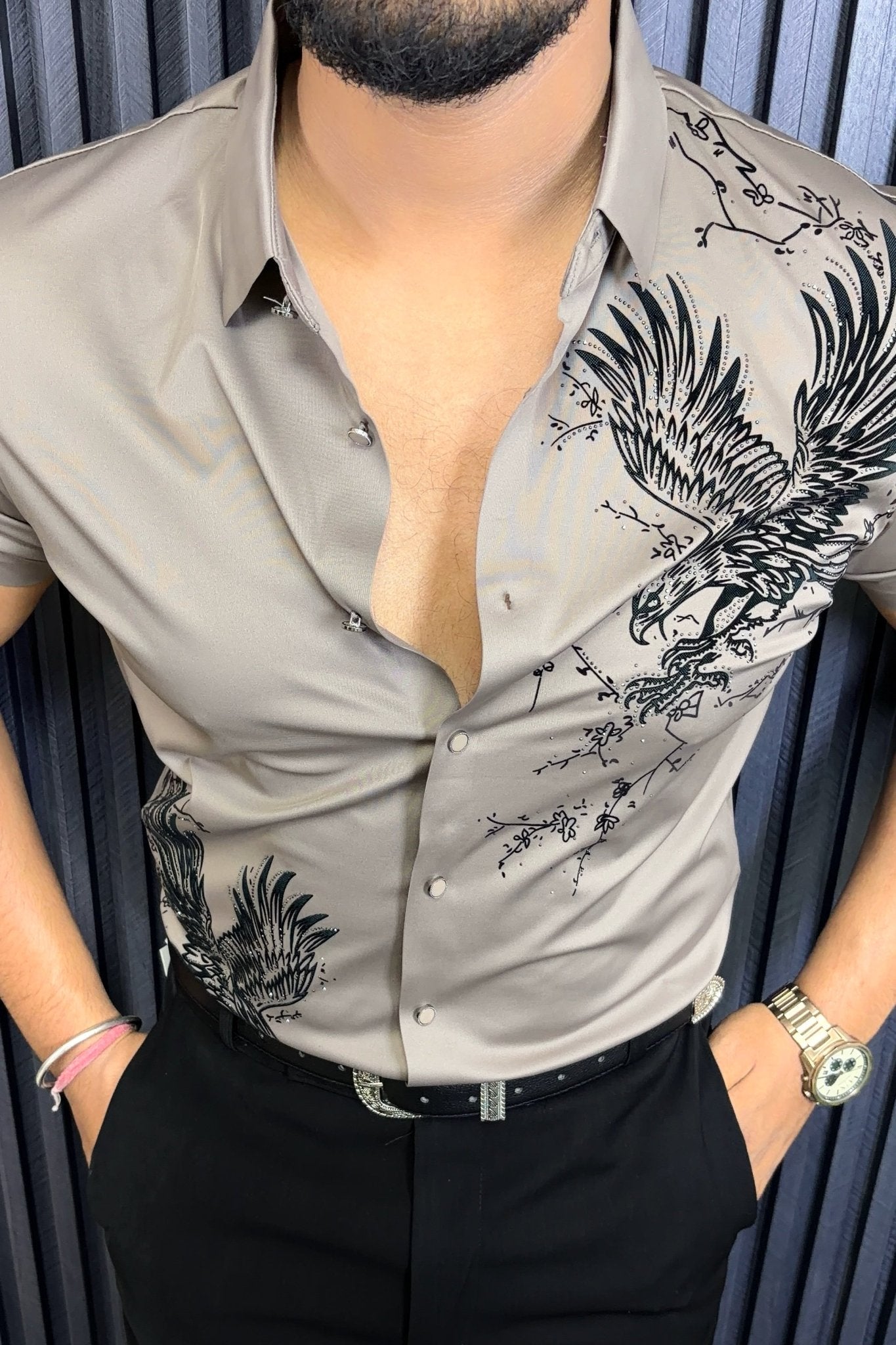 Phoenix Jacquard Half Sleeves Shirt - CARAMEL - Under Attack