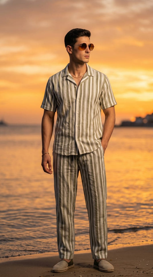 Prague Linen Stripe Coord set - Olive - Under Attack