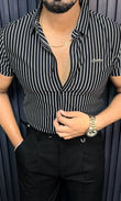 Rio Stripe Jacquard Half Sleeves Shirt - BLACK - Under Attack