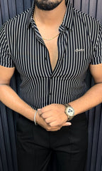 Rio Stripe Jacquard Half Sleeves Shirt - BLACK - Under Attack