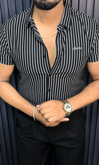 Rio Stripe Jacquard Half Sleeves Shirt - BLACK