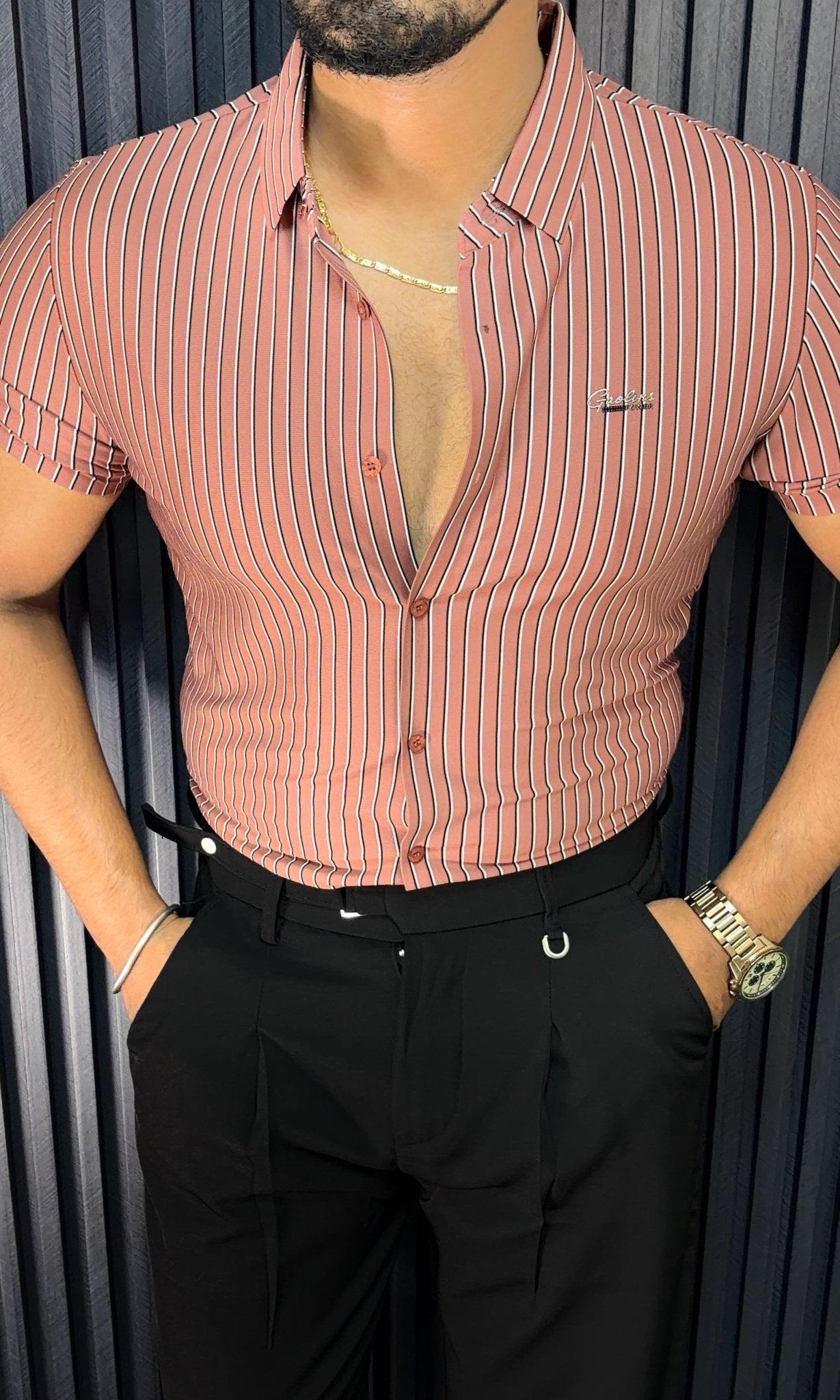Rio Stripe Jacquard Half Sleeves Shirt - PINK - Under Attack