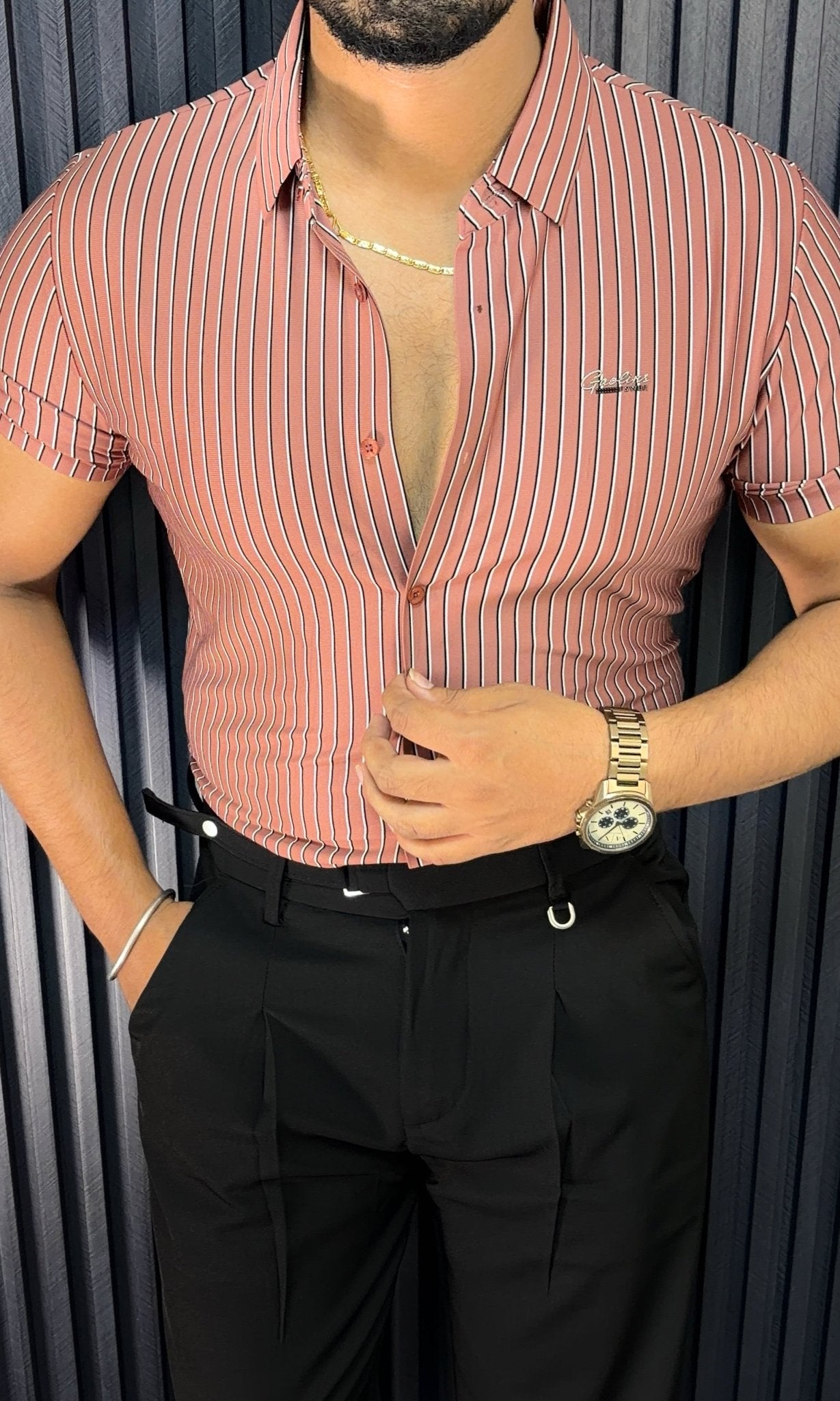 Rio Stripe Jacquard Half Sleeves Shirt - PINK - Under Attack