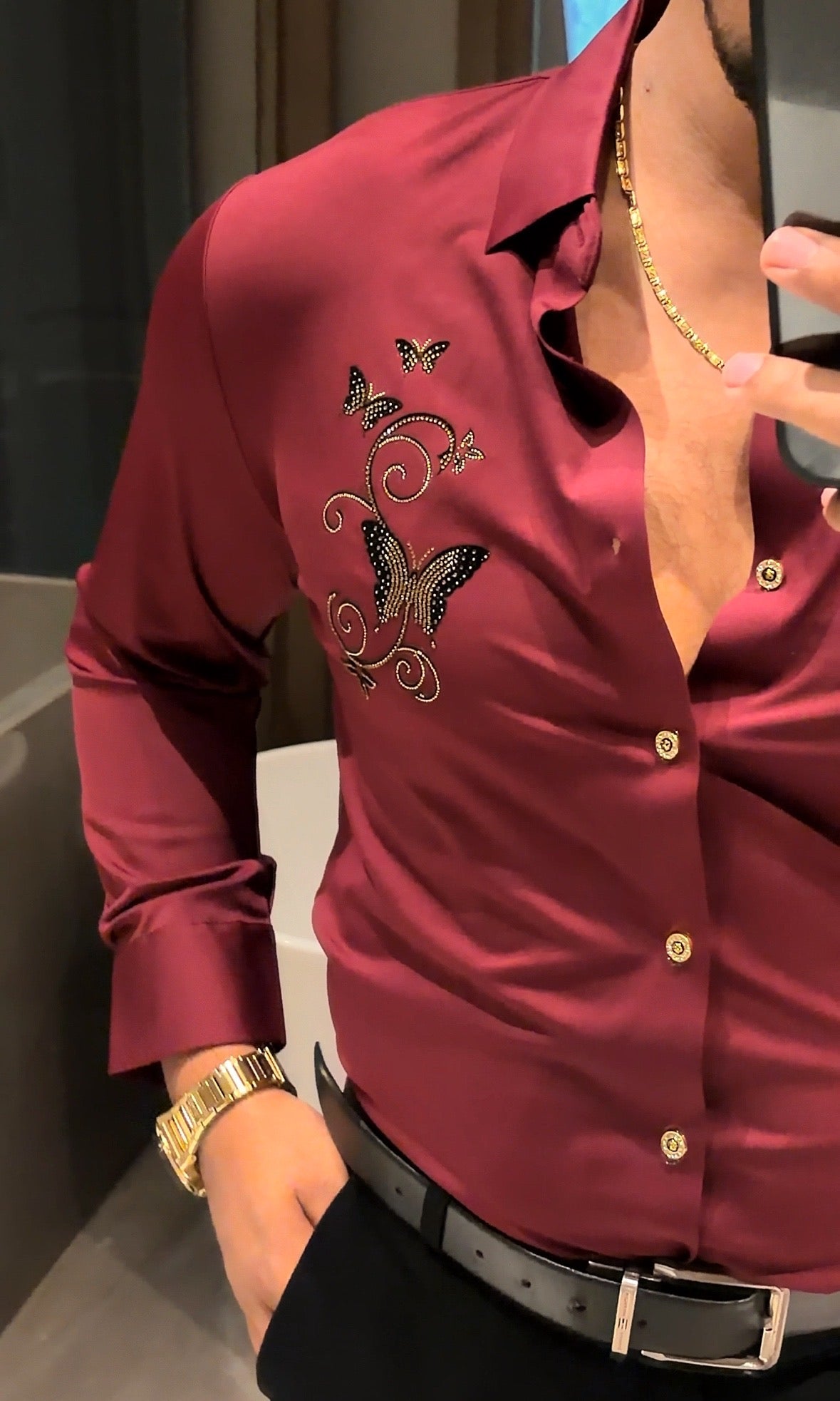 Roseatte Luxe Stitchless Jacquard Shirt - WINE - Under Attack