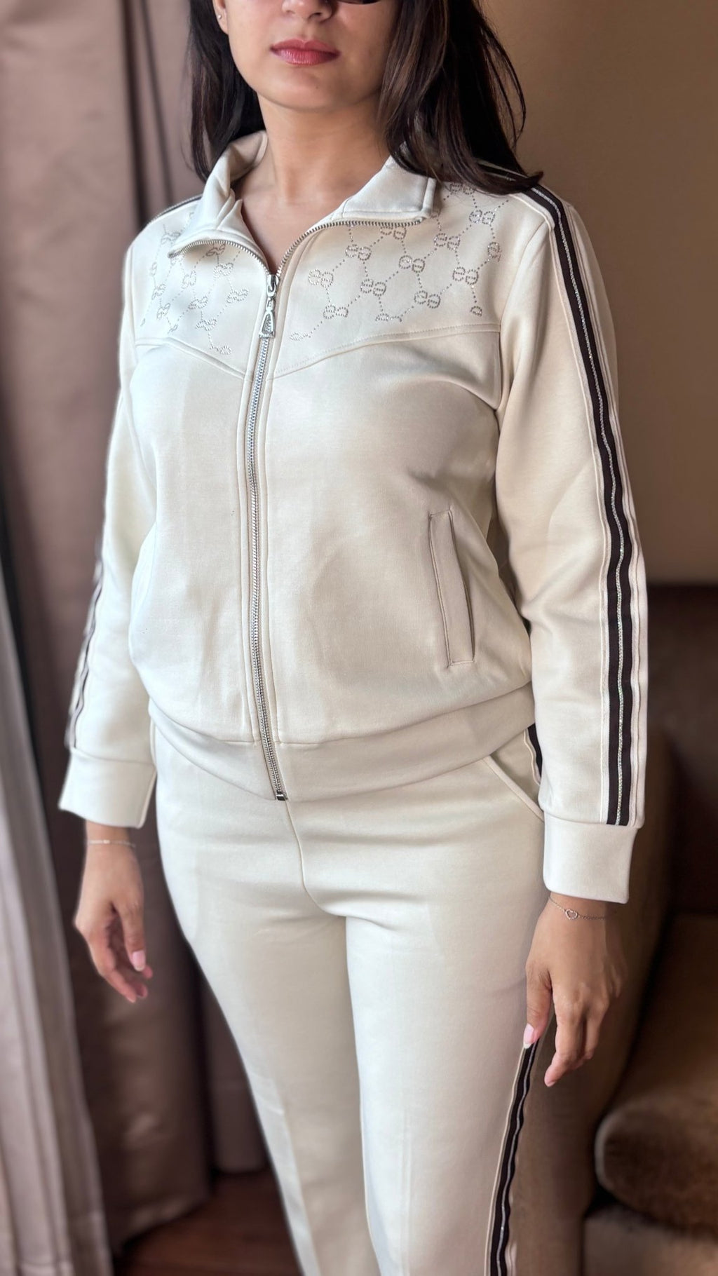 She Said Striped Studded Tracksuit In Beige - Under Attack