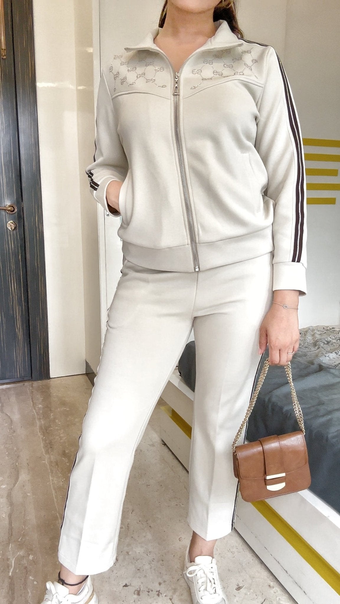 She Said Striped Studded Tracksuit In Beige - Under Attack