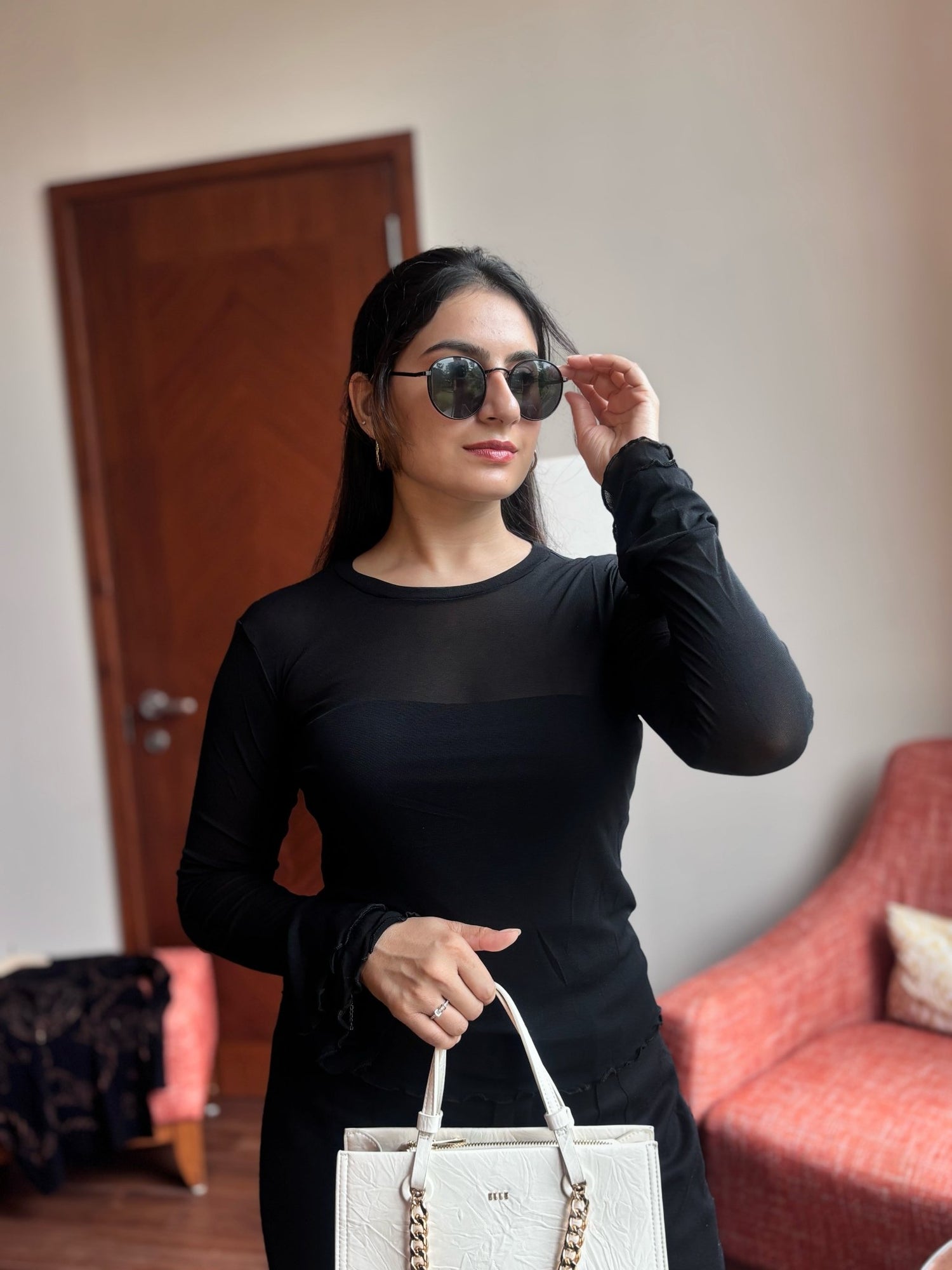 Sheer Mesh Long Sleeve Wrap Top In Black - Under Attack
