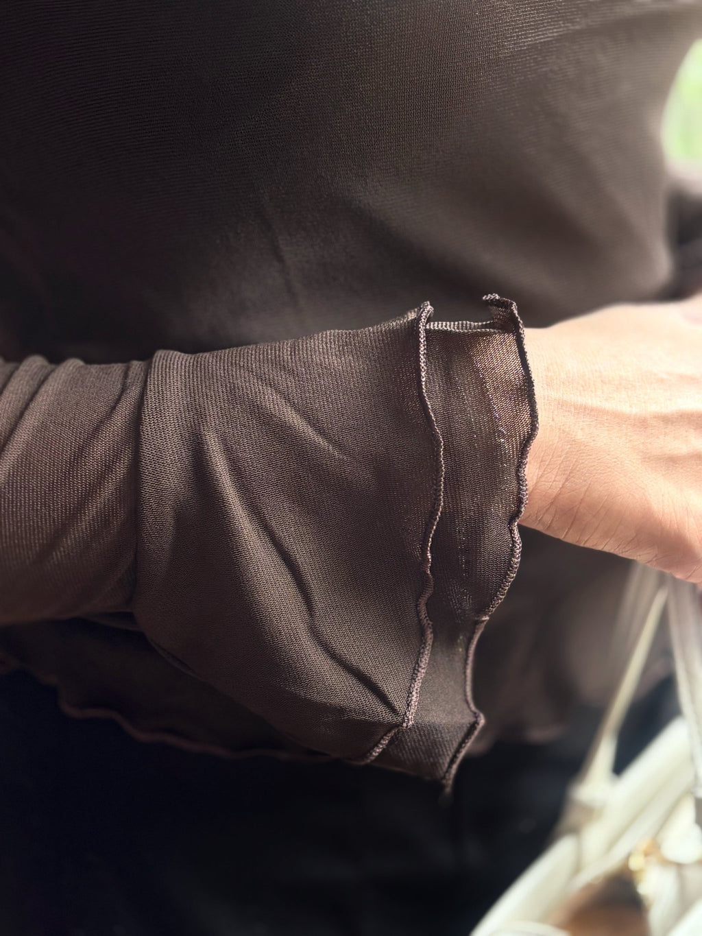 Sheer Mesh Long Sleeve Wrap Top In Coco Brown - Under Attack