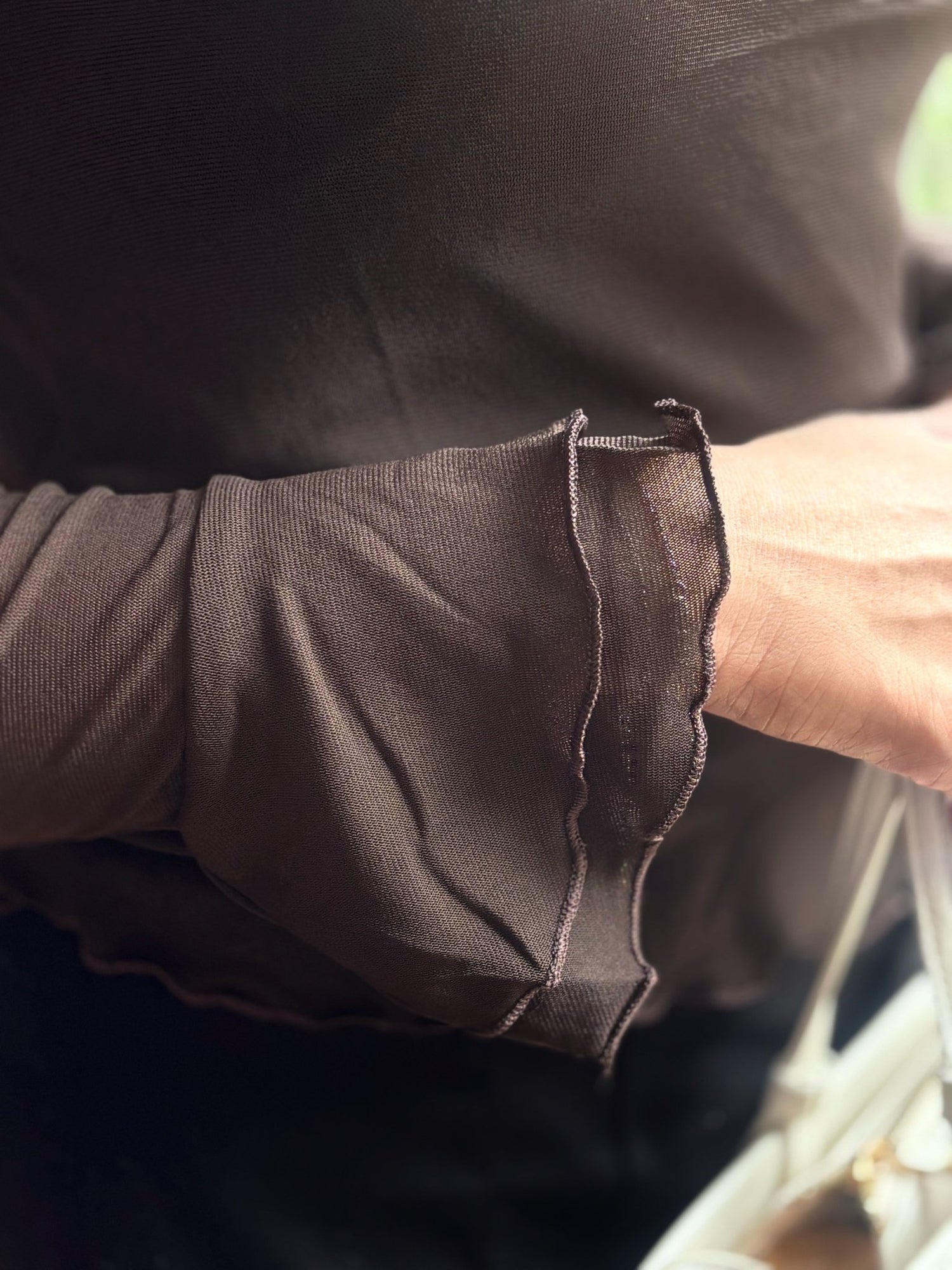 Sheer Mesh Long Sleeve Wrap Top In Coco Brown - Under Attack