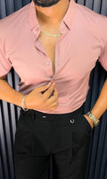 Solid Half Sleeves Premium Wrinkle Free Lycra Shirt - Pink - Under Attack