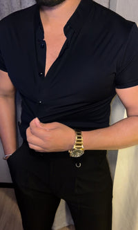 Solid Half Sleeves Stretch Wrinkle Free Lycra Shirt - Black
