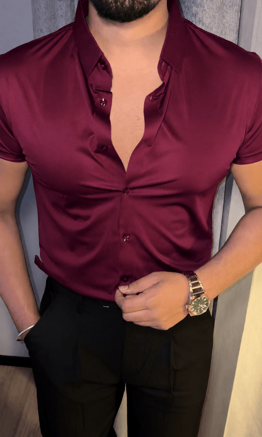 Solid Half Sleeves Stretch Wrinkle Free Lycra Shirt - Wine - Under Attack