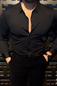 Solid Wrinkle Free Stretch Lycra Shirt - Black