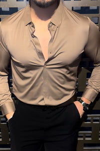 Solid Wrinkle Free Stretch Lycra Shirt - Camel