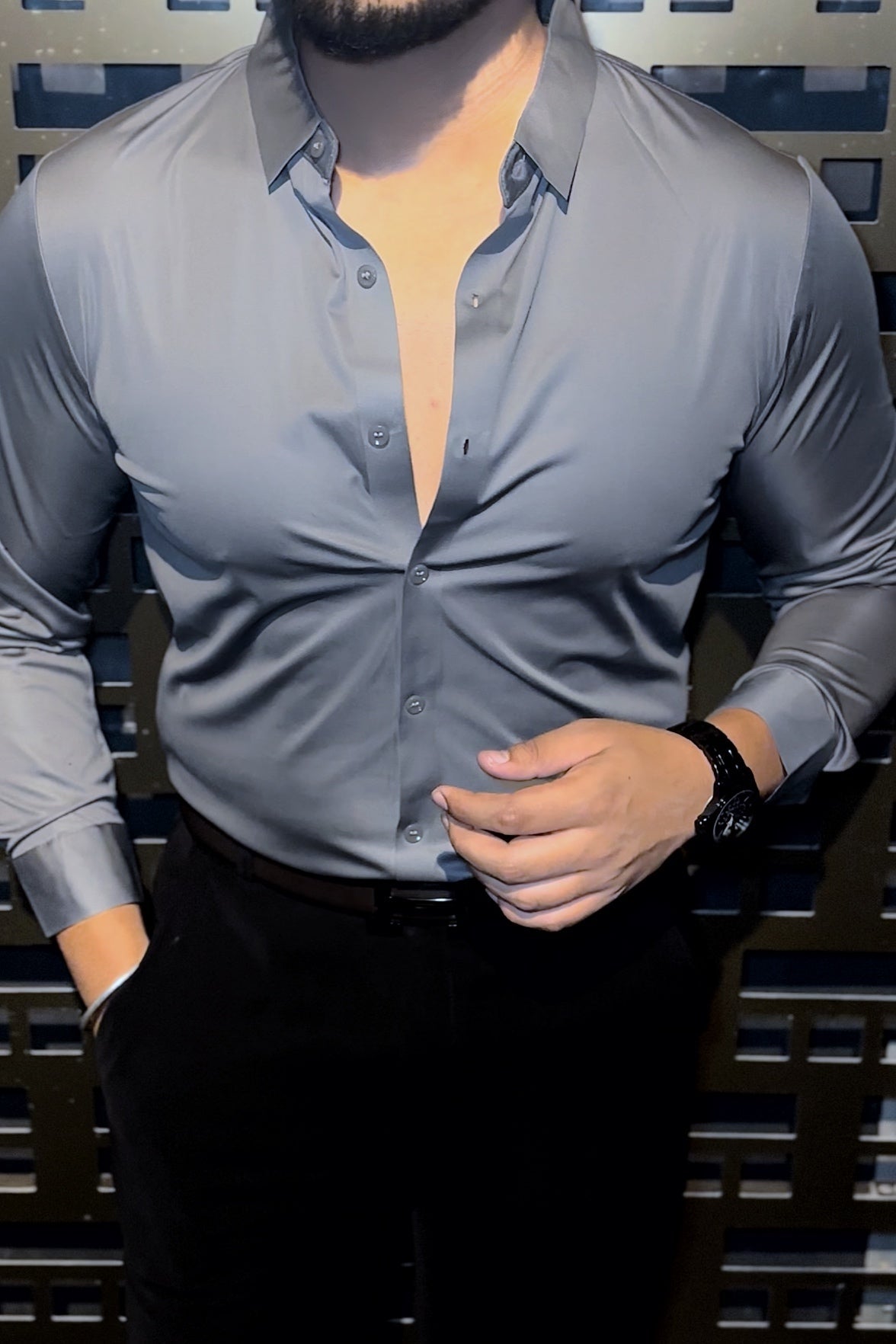 Solid Wrinkle Free Stretch Lycra Shirt - Charcoal - Under Attack