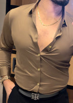 Solid Wrinkle Free Stretch Lycra Shirt Golden Button- Camel - Under Attack
