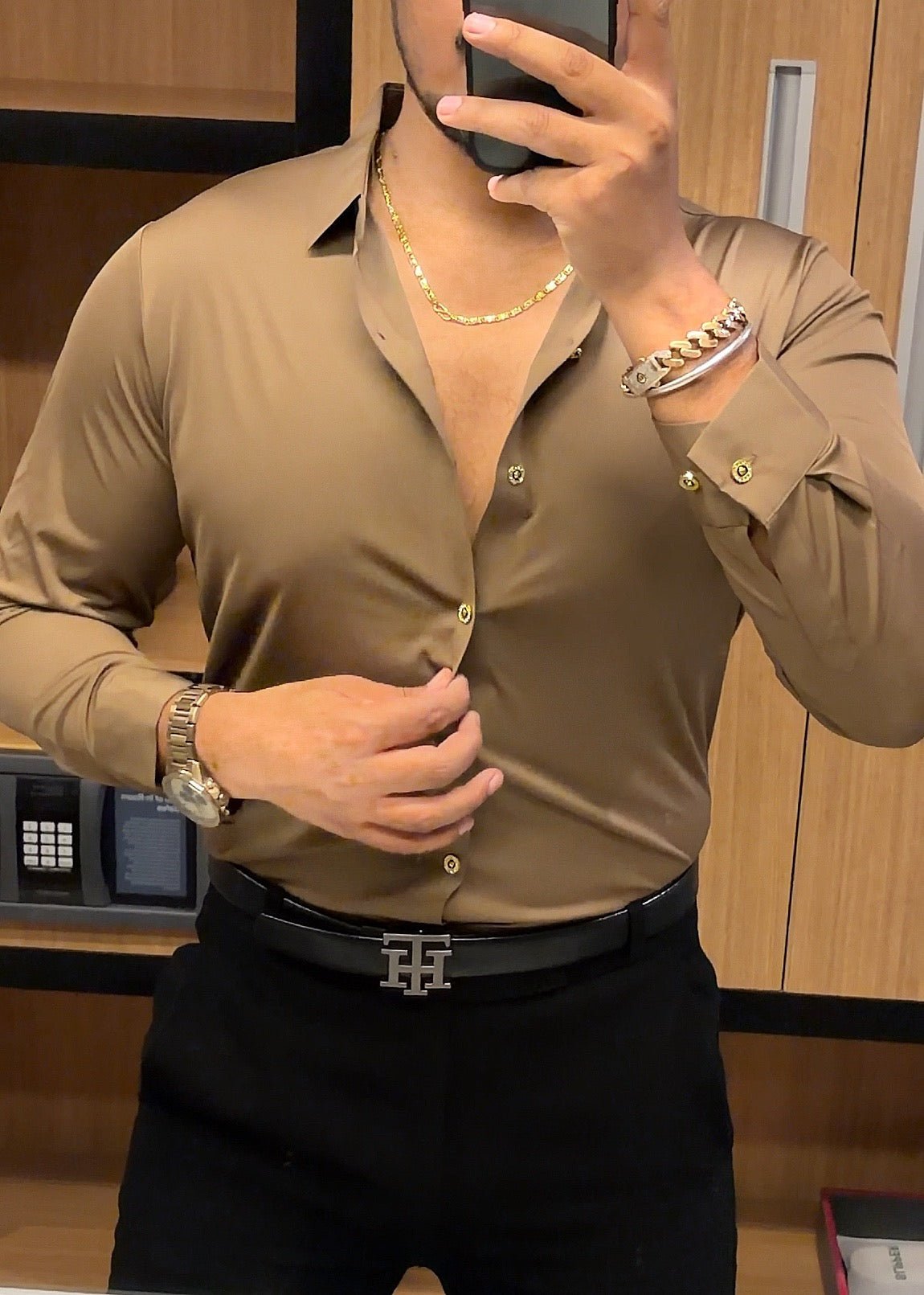 Solid Wrinkle Free Stretch Lycra Shirt Golden Button- Camel - Under Attack