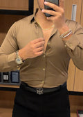 Solid Wrinkle Free Stretch Lycra Shirt Golden Button- Camel - Under Attack