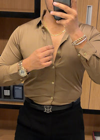 Solid Wrinkle Free Stretch Lycra Shirt Golden Button- Camel