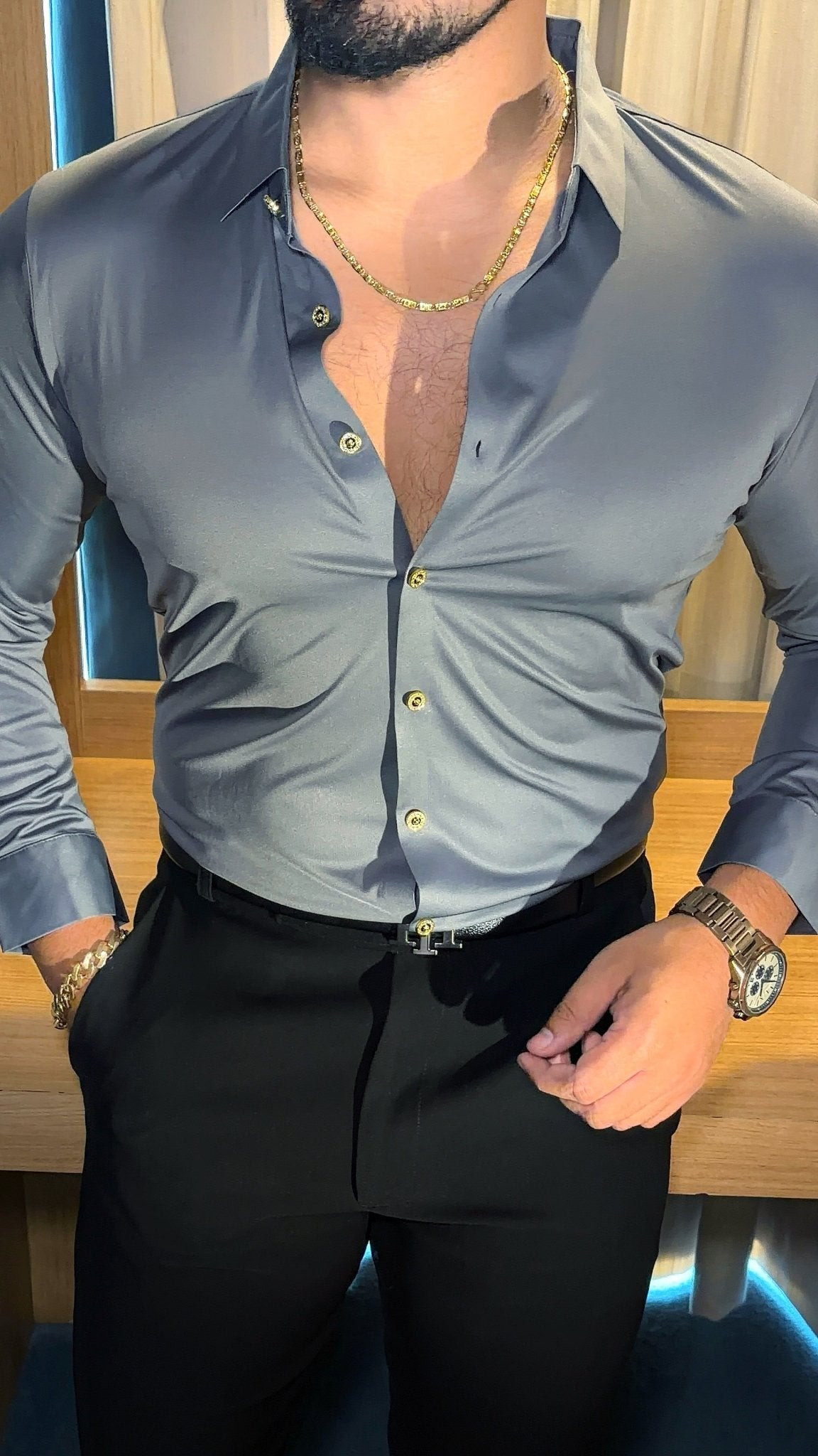 Solid Wrinkle Free Stretch Lycra Shirt Golden Button- Charcoal - Under Attack