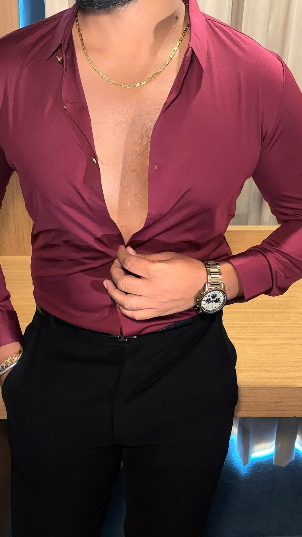 Solid Wrinkle Free Stretch Lycra Shirt Golden Button- Wine - Under Attack