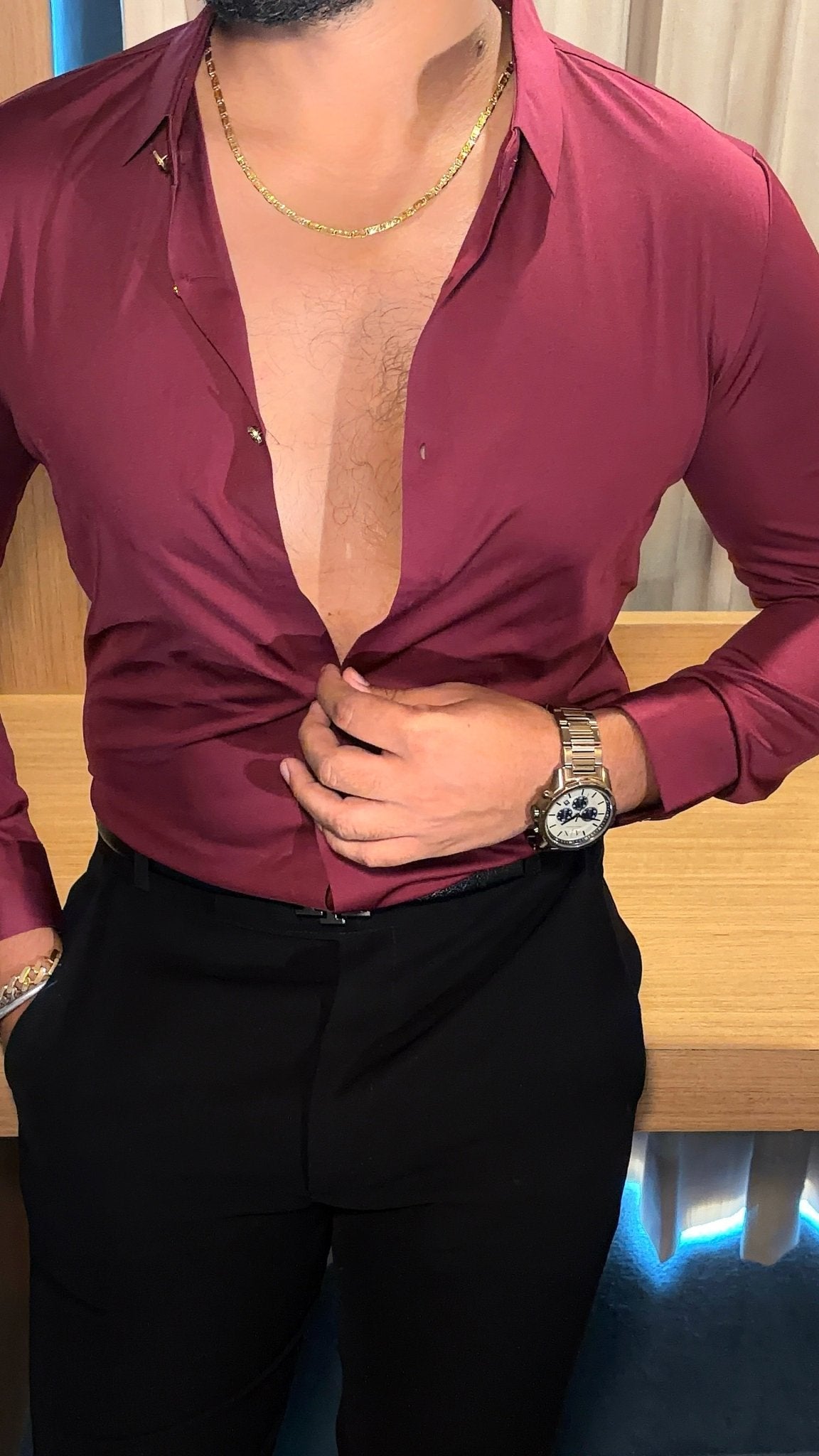 Solid Wrinkle Free Stretch Lycra Shirt Golden Button- Wine - Under Attack