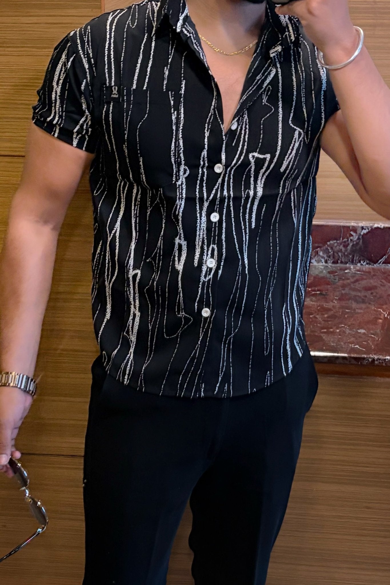Striped Abstract Print Jacquard Half Sleeves Shirt - BLACK - Under Attack