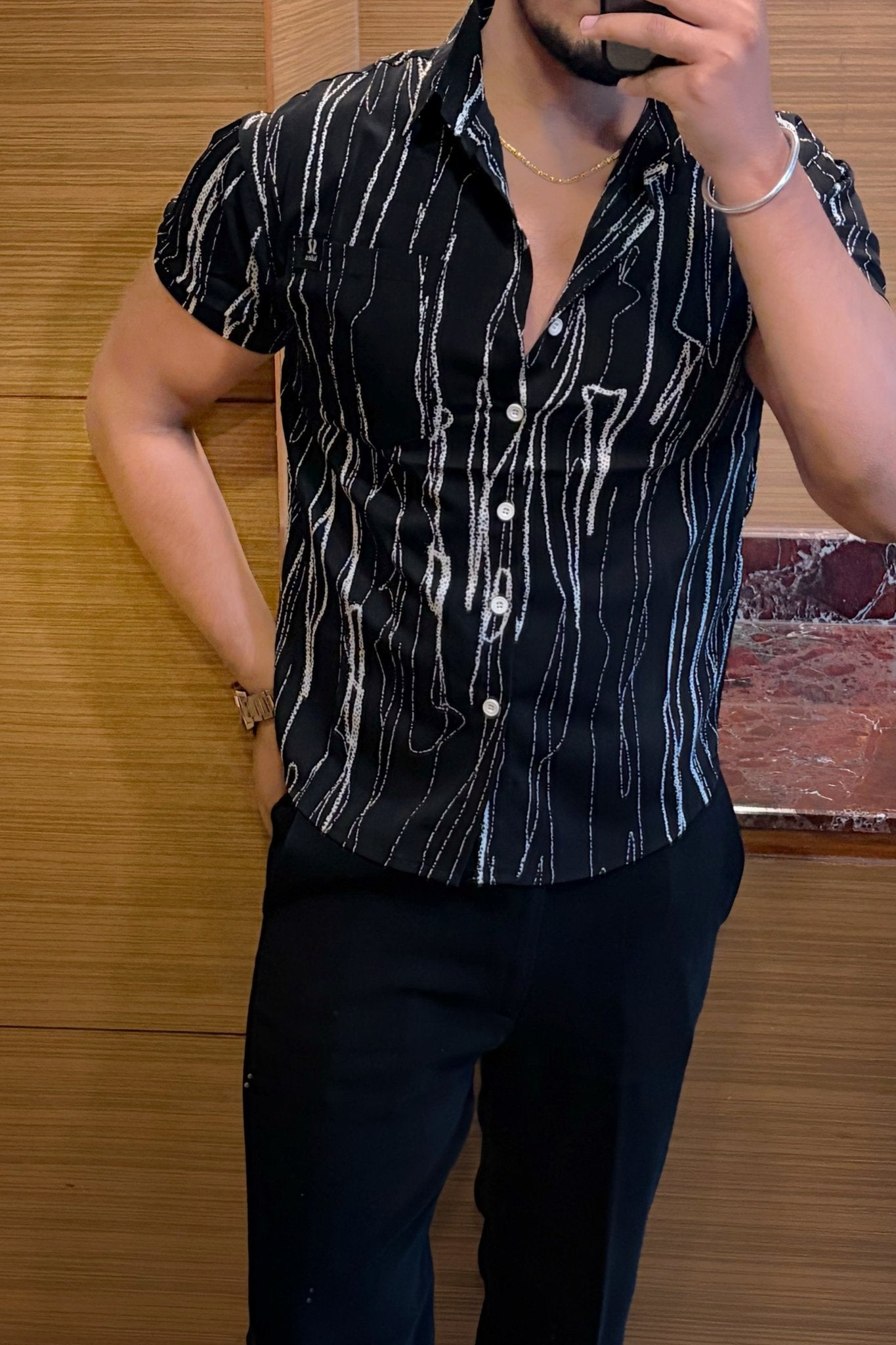 Striped Abstract Print Jacquard Half Sleeves Shirt - BLACK - Under Attack
