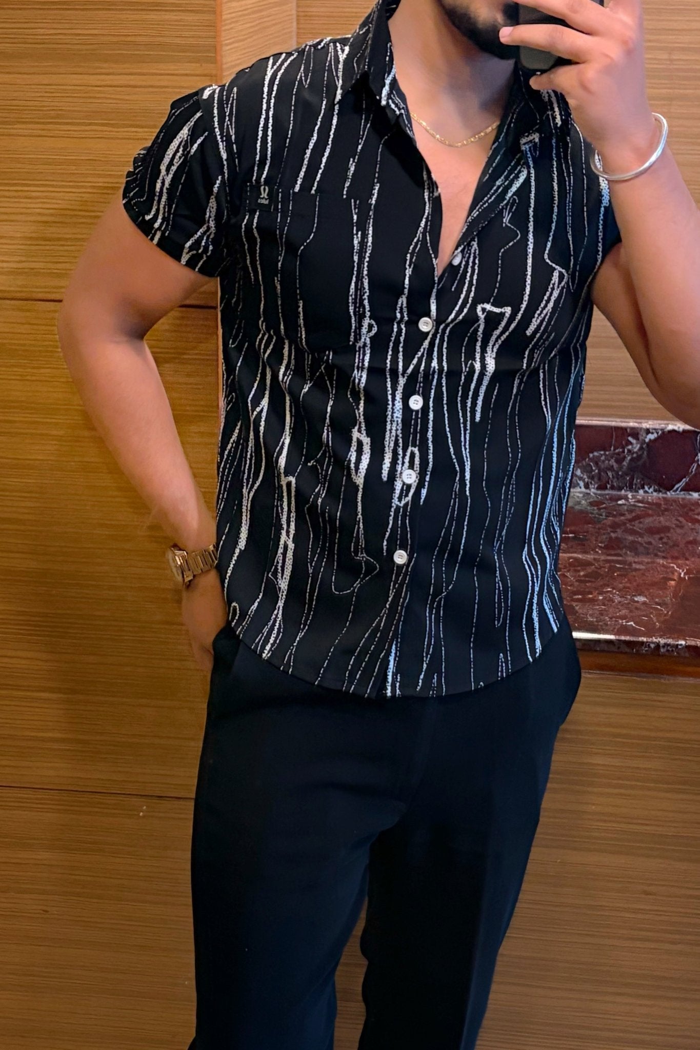 Striped Abstract Print Jacquard Half Sleeves Shirt - BLACK - Under Attack