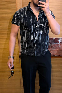 Striped Abstract Print Jacquard Half Sleeves Shirt - BLACK