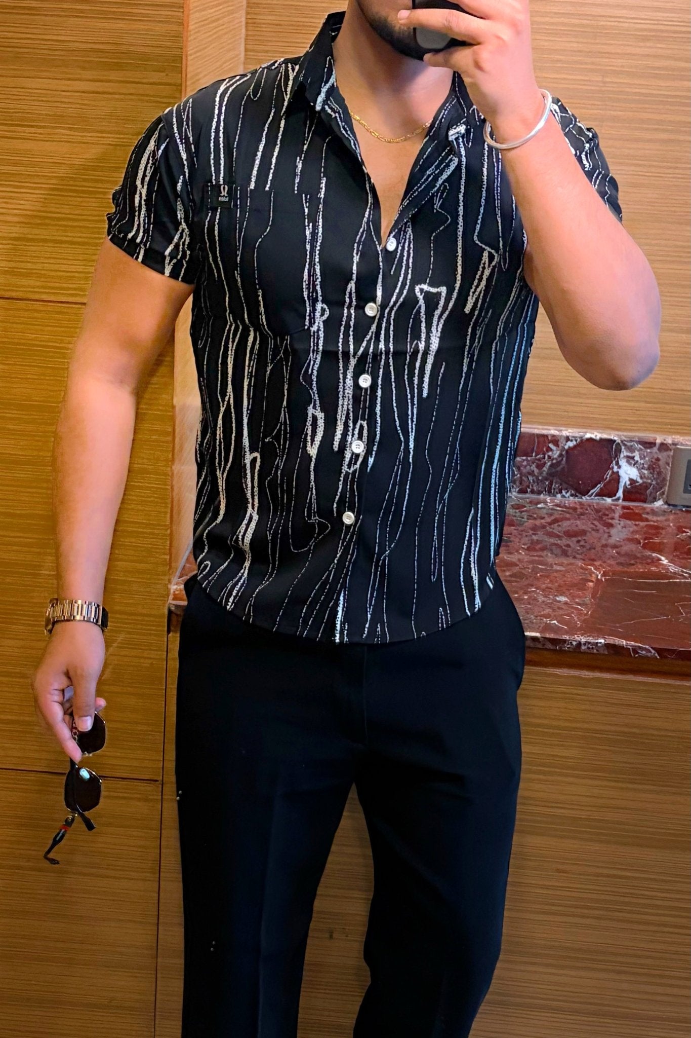 Striped Abstract Print Jacquard Half Sleeves Shirt - BLACK - Under Attack