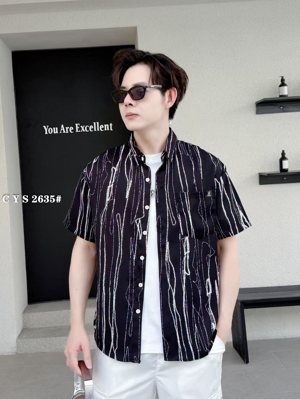 Striped Abstract Print Jacquard Half Sleeves Shirt - BLACK - Under Attack