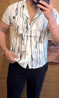 Striped Abstract Print Jacquard Half Sleeves Shirt - WHITE