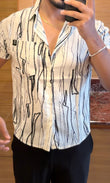 Striped Abstract Print Jacquard Half Sleeves Shirt - WHITE - Under Attack