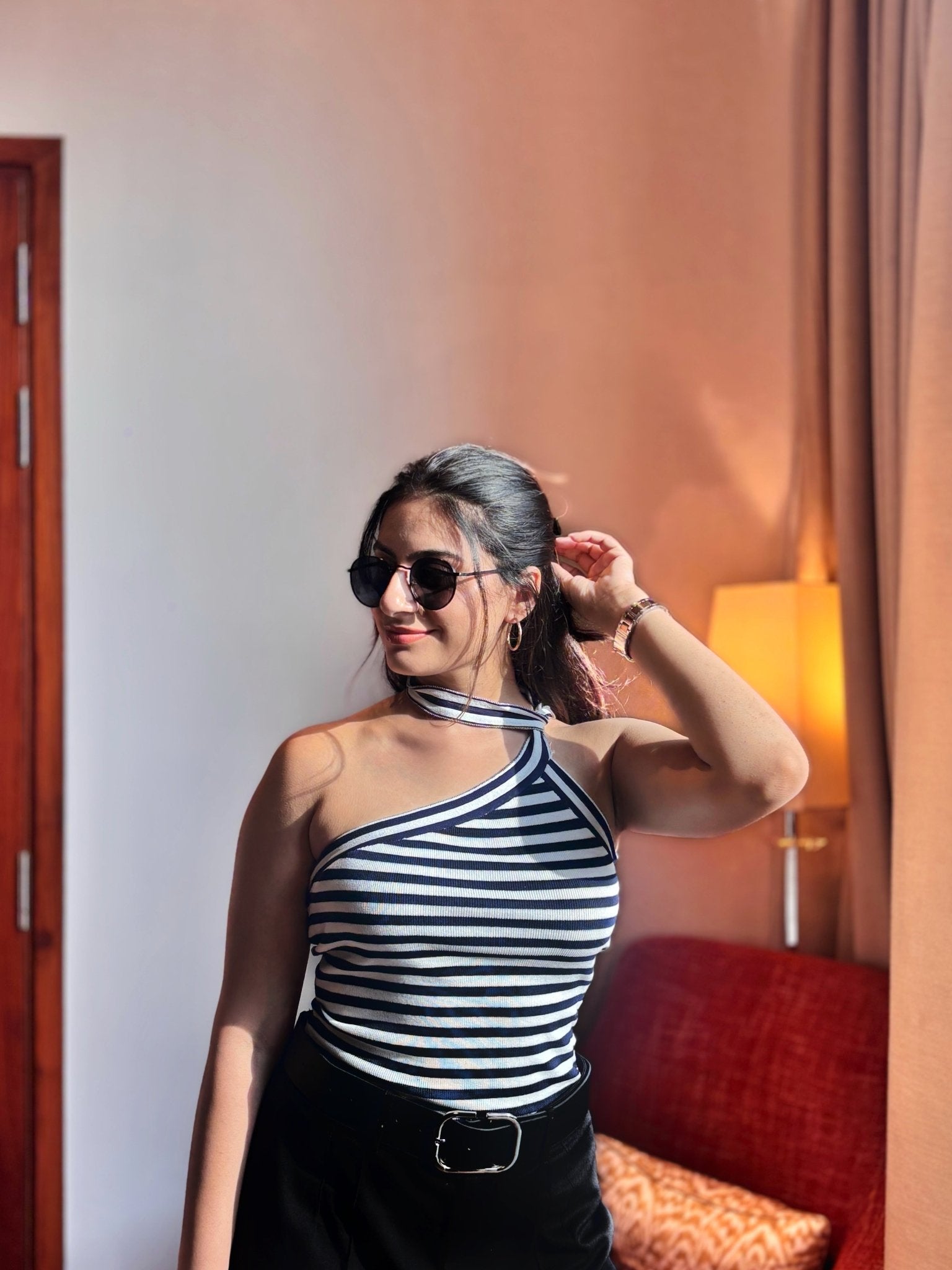 Stripes One Shoulder Stretchable Top - WHITE:NAVY - Under Attack