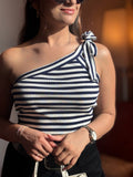 Stripes One Shoulder Stretchable Top - WHITE:NAVY - Under Attack