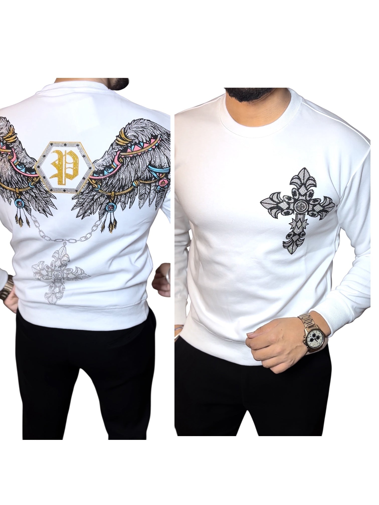 Swarovski Wings Silver Print Sweatshirt - White - Under Attack