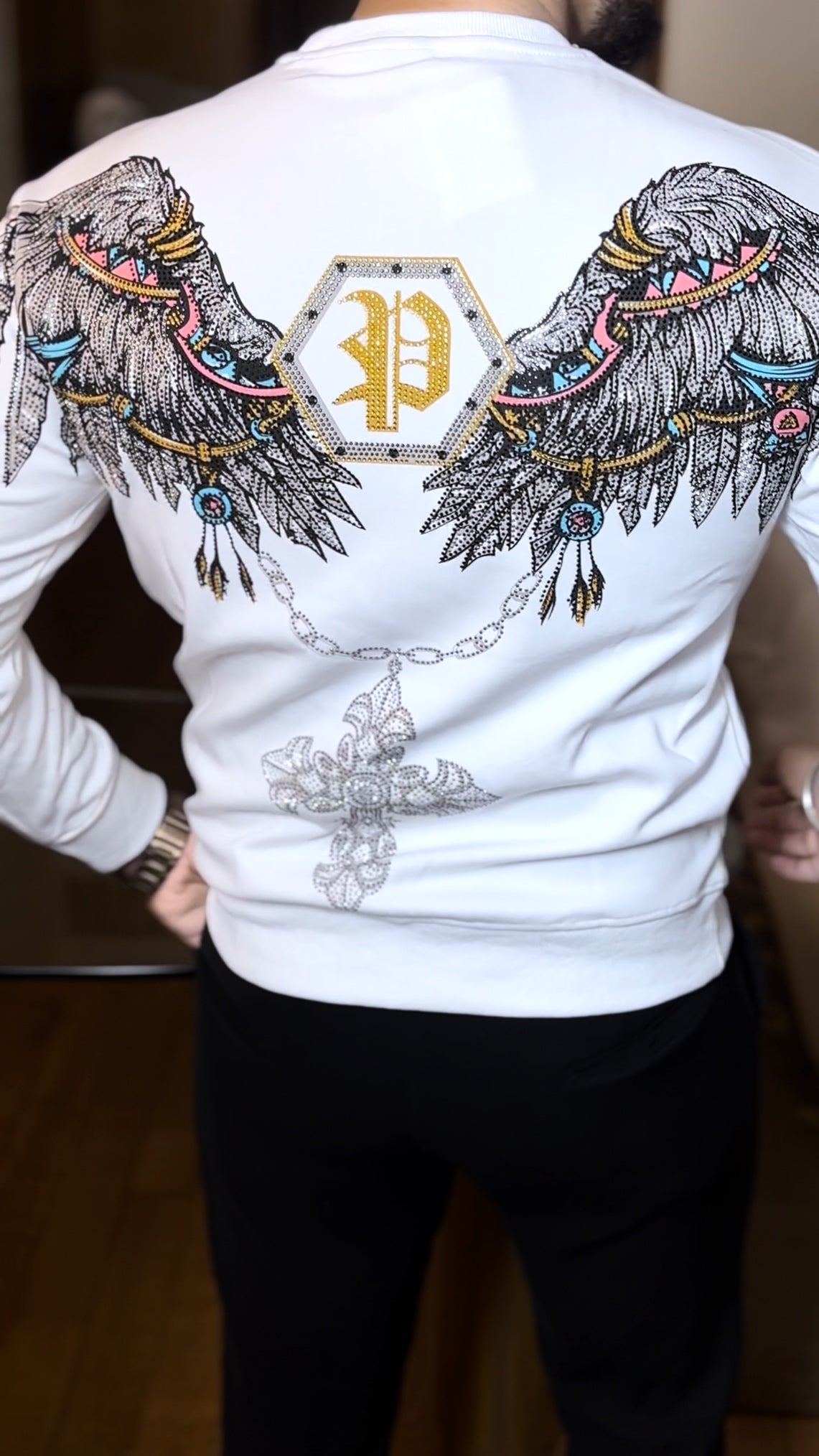 Swarovski Wings Silver Print Sweatshirt - White - Under Attack
