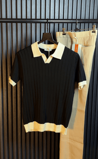 Textured Old Money Polo Solid collar Knitted Tshirt - black